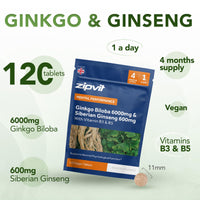 Zipvit Ginkgo Biloba 6000mg & Siberian Ginseng 600mg with Vitamins B3 & B5 Pouch, 120 Vegan Tablets, Supports Energy & Mental Performance, 4 Month Supply