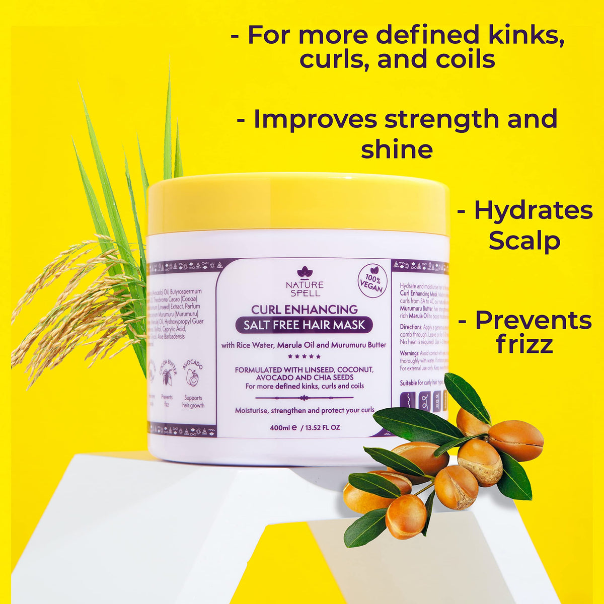 Curl Enhancing Hair Mask for Curly Hair by Nature Spell 400ml – Infused with Rice Water & Linseed, For All Curl Types, Sulphate Free Hair Mask, 100% Vegan, Made in the UK, white