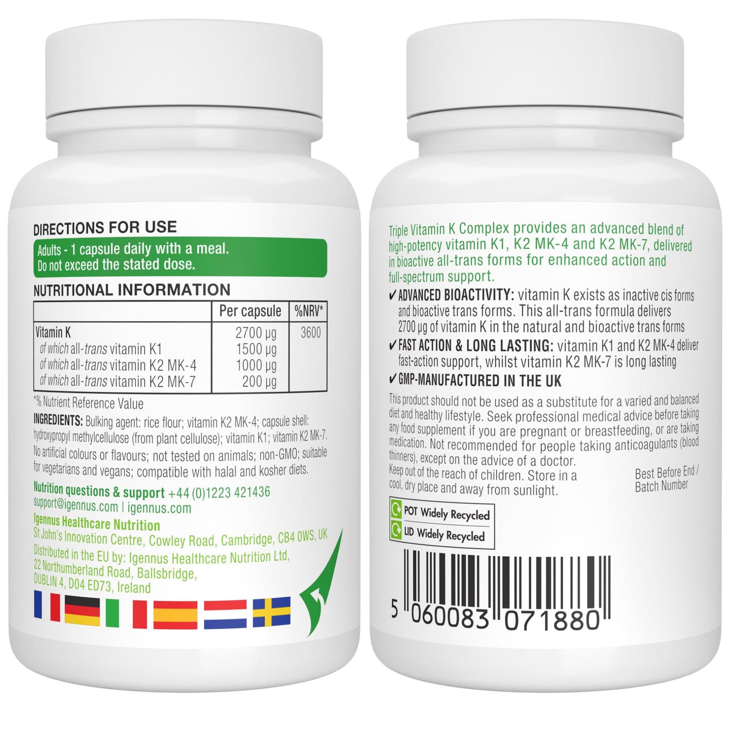 Igennus Advanced Triple Vitamin K Complex 2700 mcg, Vitamin K1 & K2 (MK-4 & MK-7), Bioactive Natural Forms, High Strength, Bone & Cardiovascular, Clean Label, Vegan, 90 Capsules