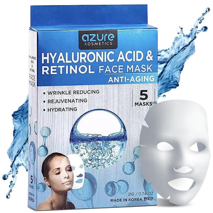 AZURE Hyaluronic Acid & Retinol Anti Aging Facial Mask - Dermatologist Tested - Rejuvenating & Hydrating Face Mask - Helps Reduce Fine Lines & Wrinkles, Smooths & Repairs - Korean Skin Care - 5 Pack