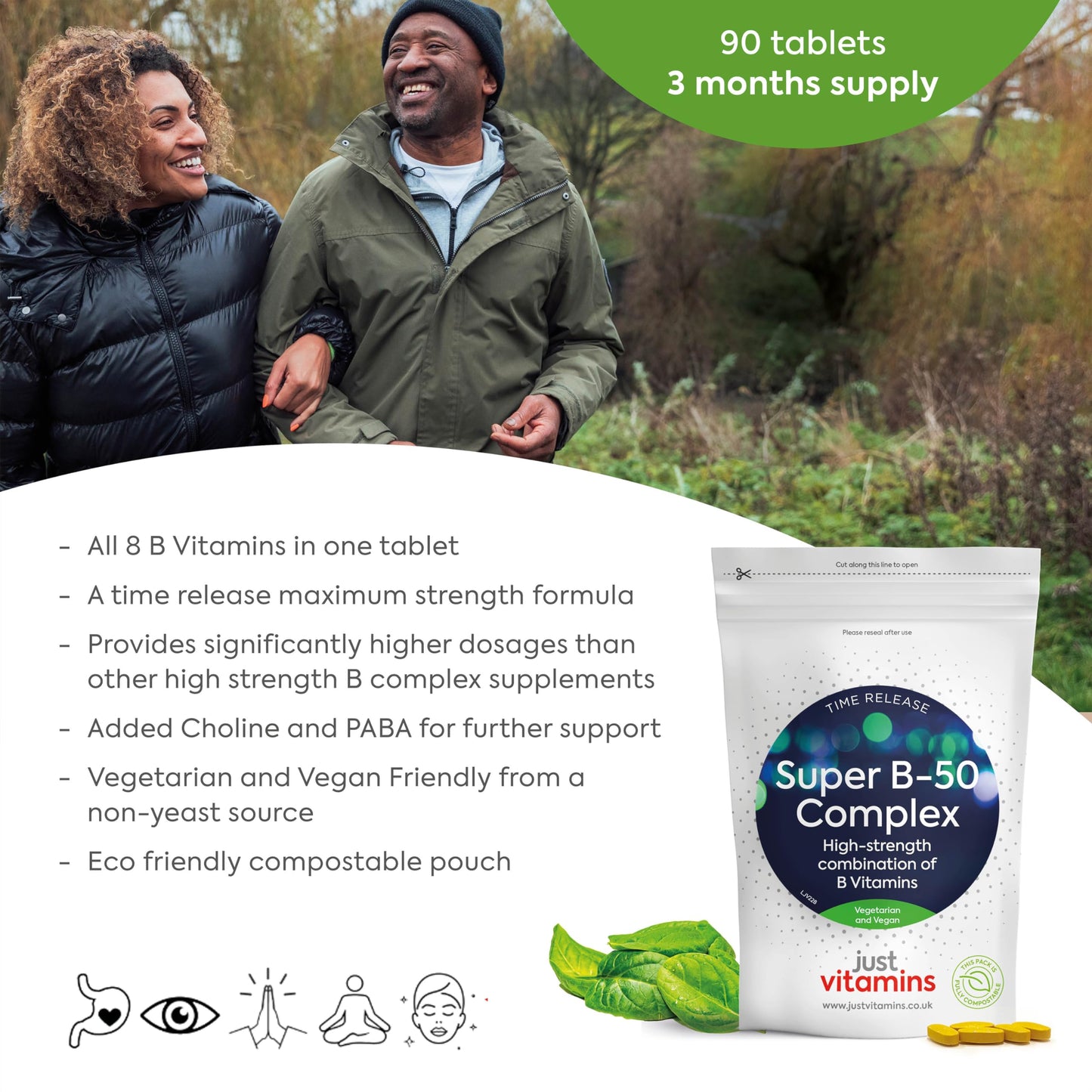 Just Vitamins Super Vitamin B-50 Complex | x90 High Strength Tablets Containing All 8 B Vitamins - VIT B1 Thiamine, B2, B3 Niacin, B5, B6, B7 Biotin, Inositol, B9 Folic Acid & B12. UK Made from Non Yeast Source