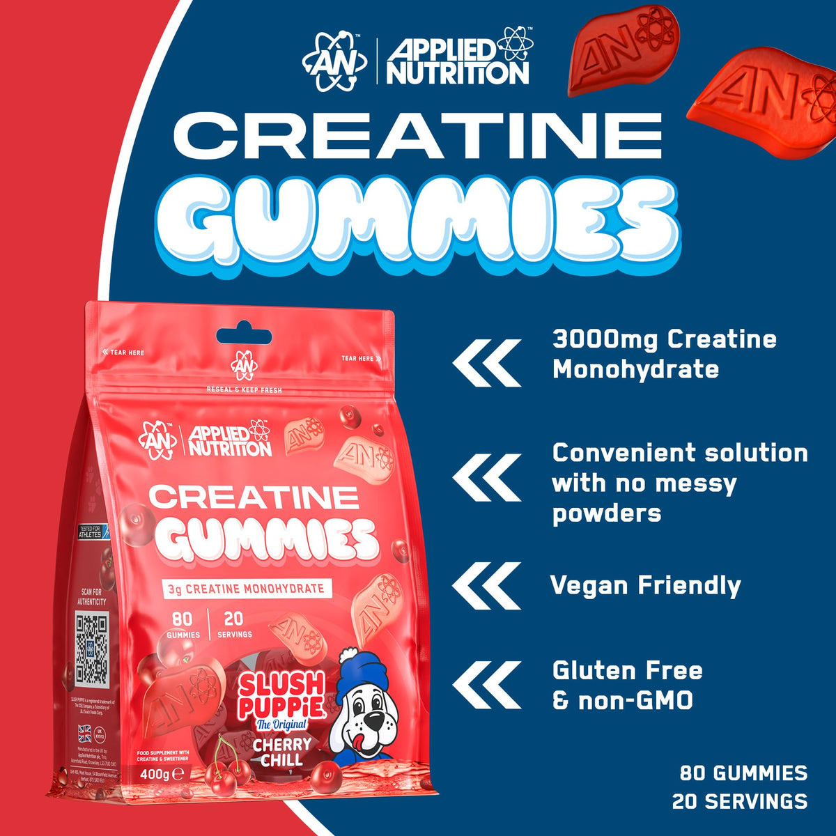 Applied Nutrition Creatine Gummies - 3000mg Creatine Monohydrate per Serving - 80 Chewable Vegan Gummies for Strength, Power & Recovery (20 Servings)