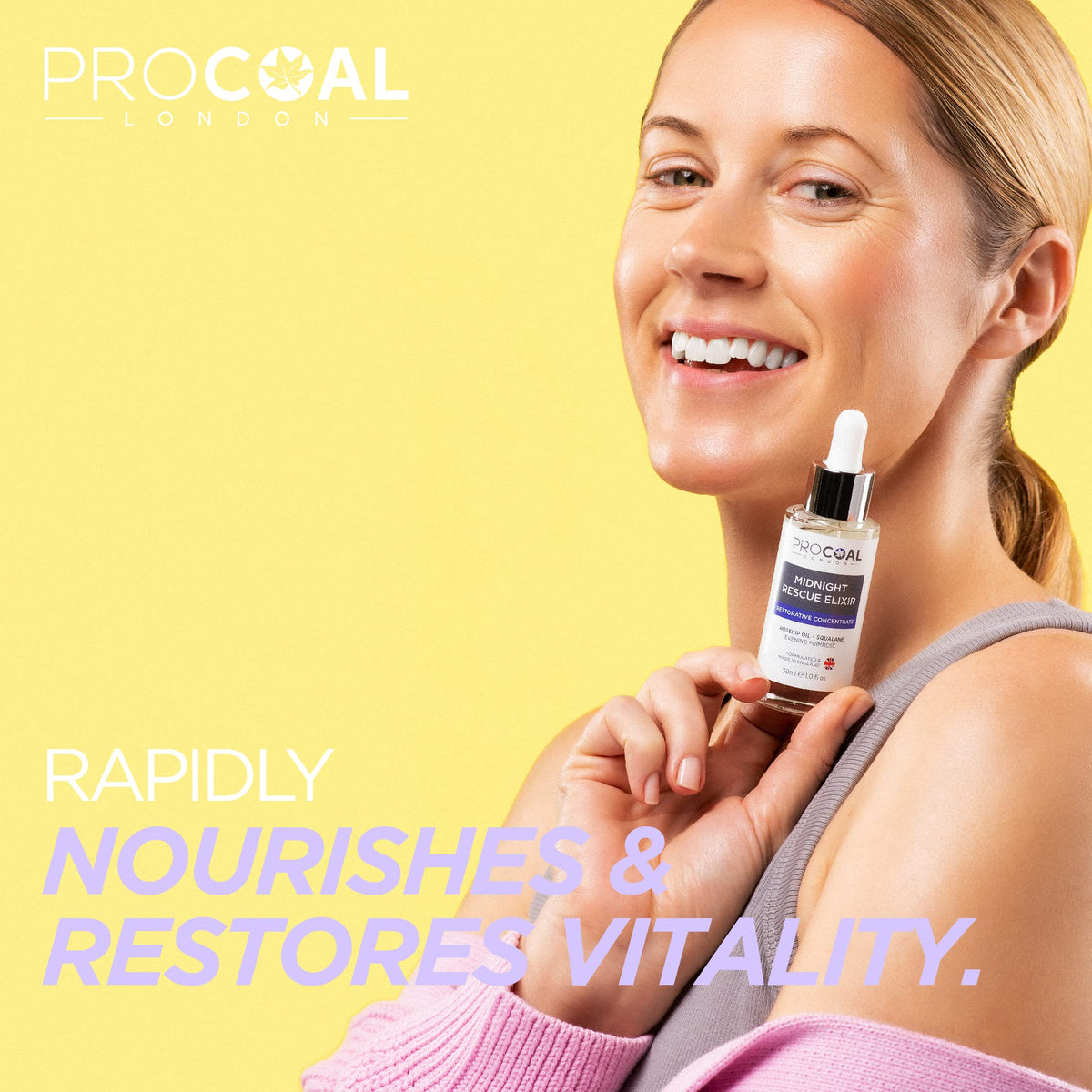 PROCOAL Face Oil, Midnight Rescue Elixir Face Oil Serum 30ml by Procoal - Anti Ageing Face Serum For Soft, Supple, and Glowing Skin, Rosehip Face Oil, Evening Primrose & Squalane, Made in UK