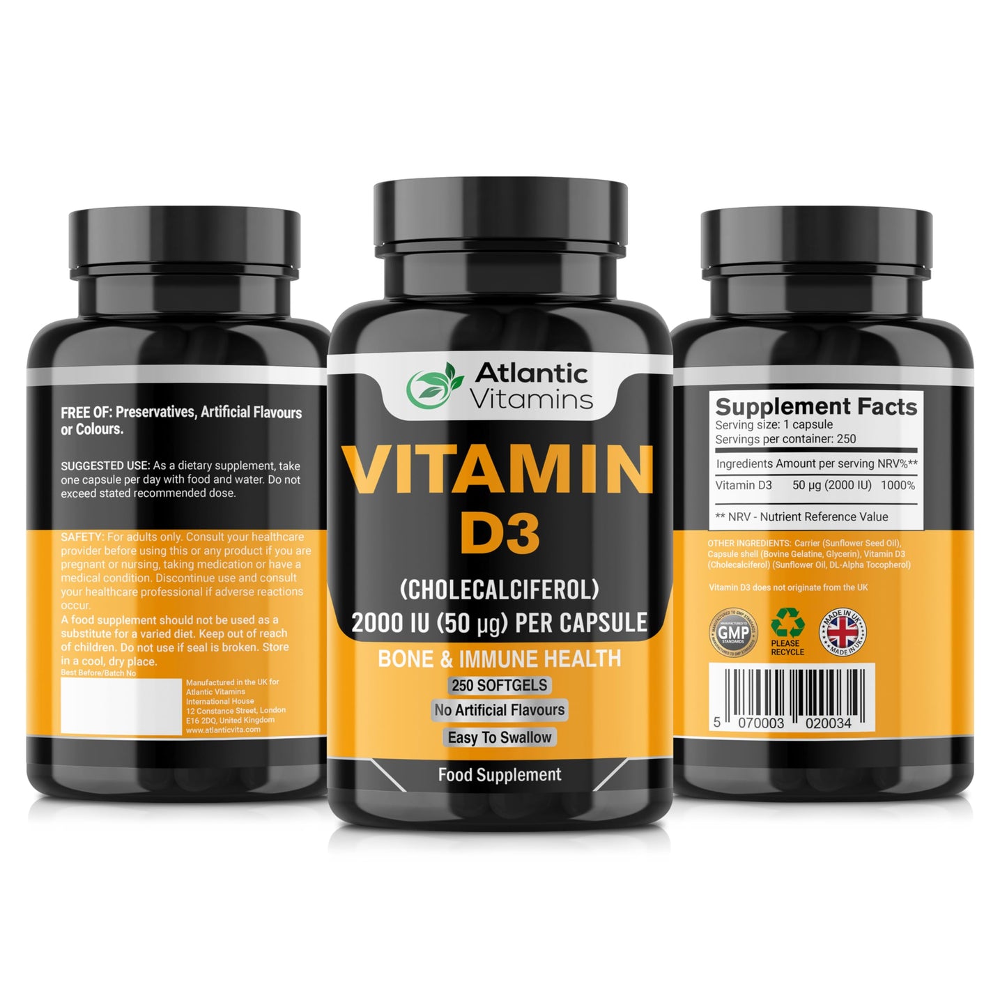 Vitamin D3 2000iu Softgel Capsules - High Strength Vitamin D for Immune Support - Healthy Bones and Teeth - Muscle Function - Easy to Swallow Cholecalciferol VIT D3 - Atlantic Vitamins - UK Made