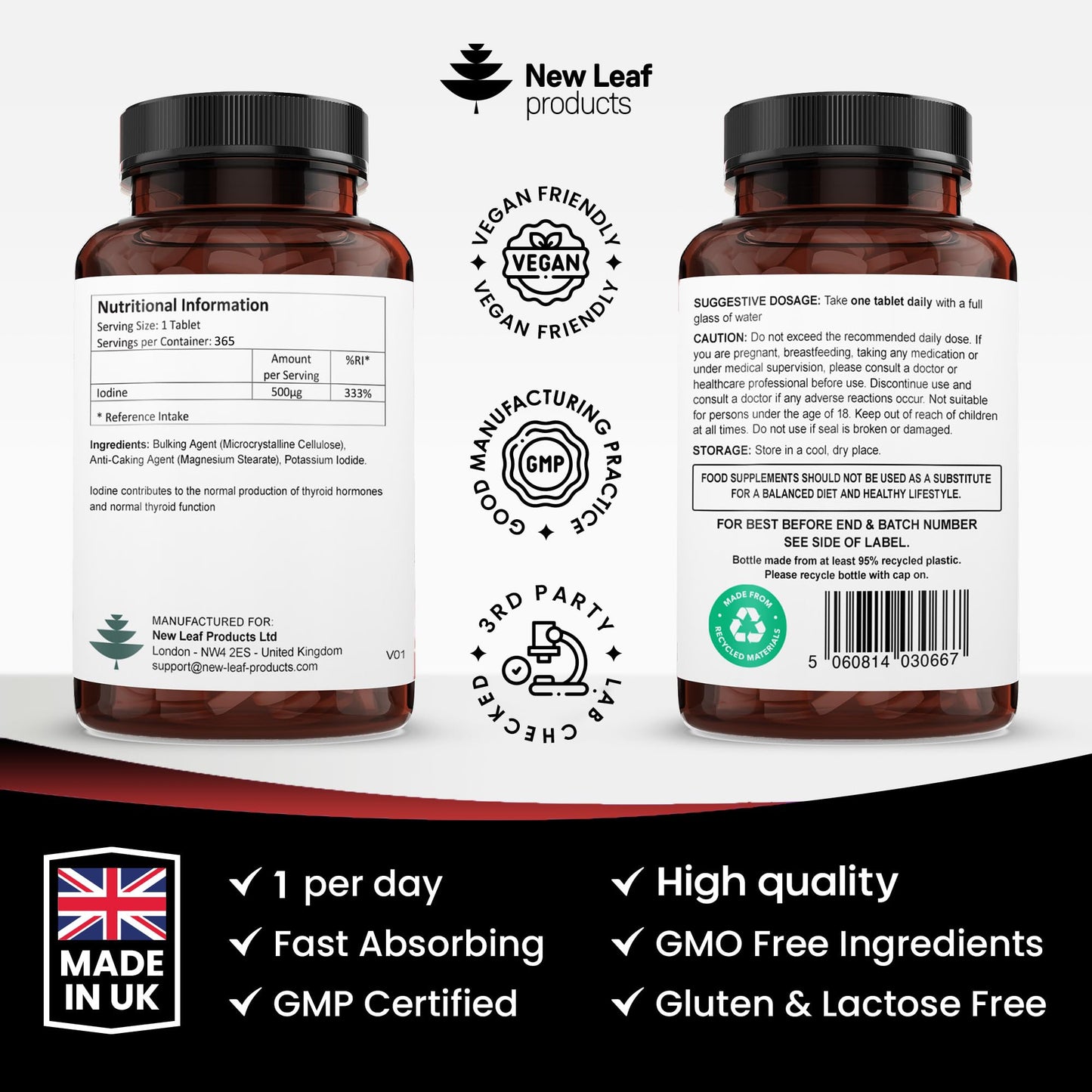 NEW LEAF PRODUCTS Iodine Tablets 500mcg 365 (1 Year Supply) Vegan High Strength Tablets Iodine Supplements, Natural Source of Iodine from Potassium Iodide GMO Free, GMP, Made in UK by New Leaf