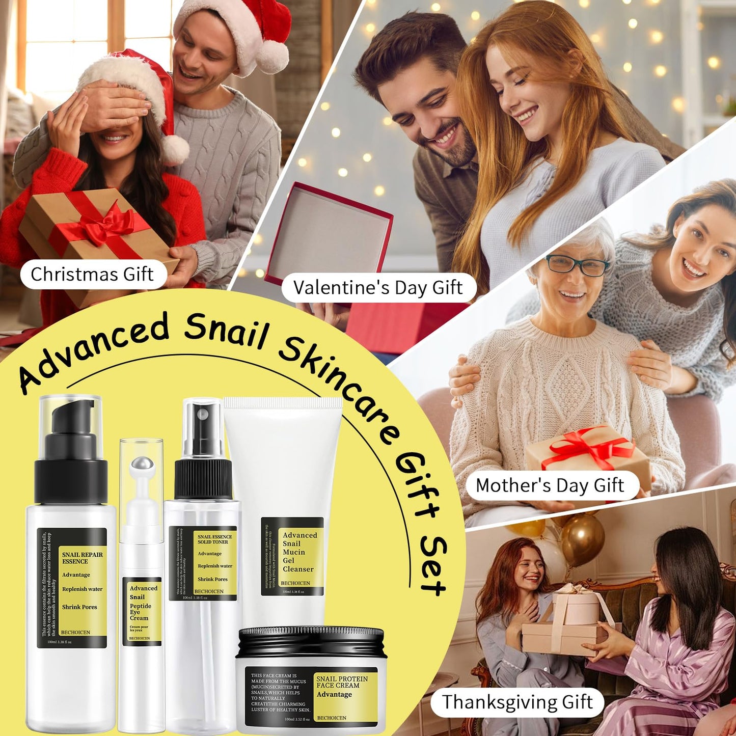 BECHOICEN Advanced Snail Mucin Skincare Set For Teen Girl, Anti Wrinkle & Repair Face Skin Care Gift Set With Face Wash, Toner, Serum, Face Cream, Eye Cream, 5PCS Peptides Snail Mucin Kit Travel Size For Women