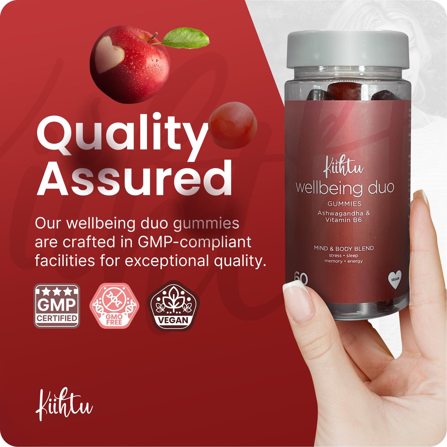 Kiihtu High Strength Ashwagandha & Vitamin B6 Gummies 3000mg - 60 Count | 1 Month Supply Easy to Chew Gummies for Energy and Mood & Sleep Support | Natural & Vegan | Apple Flavour