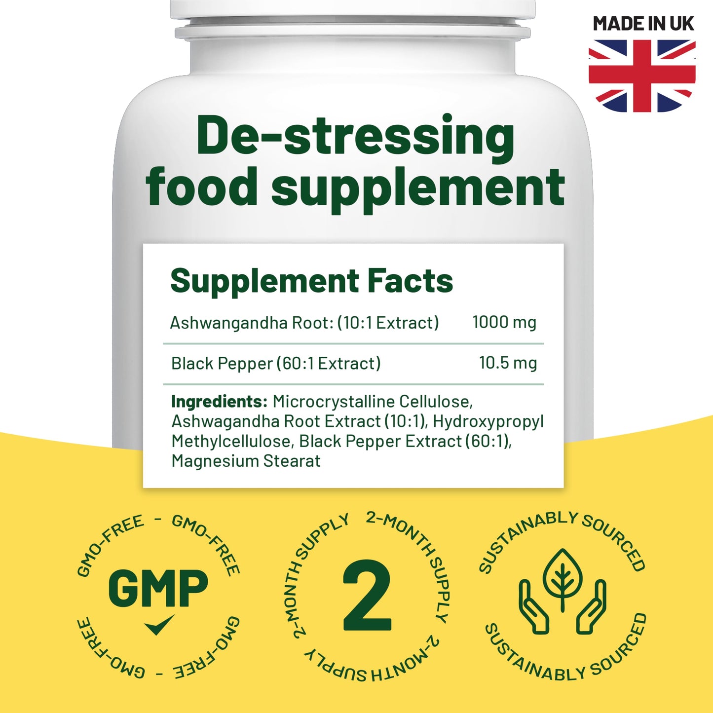 Ashwagandha High Strength - Cortisol Reducing Supplement - Vegan Vitality's Ashwagandha Capsules 1000mg with Black Pepper to Reduce Stress Hormones and Fatigue