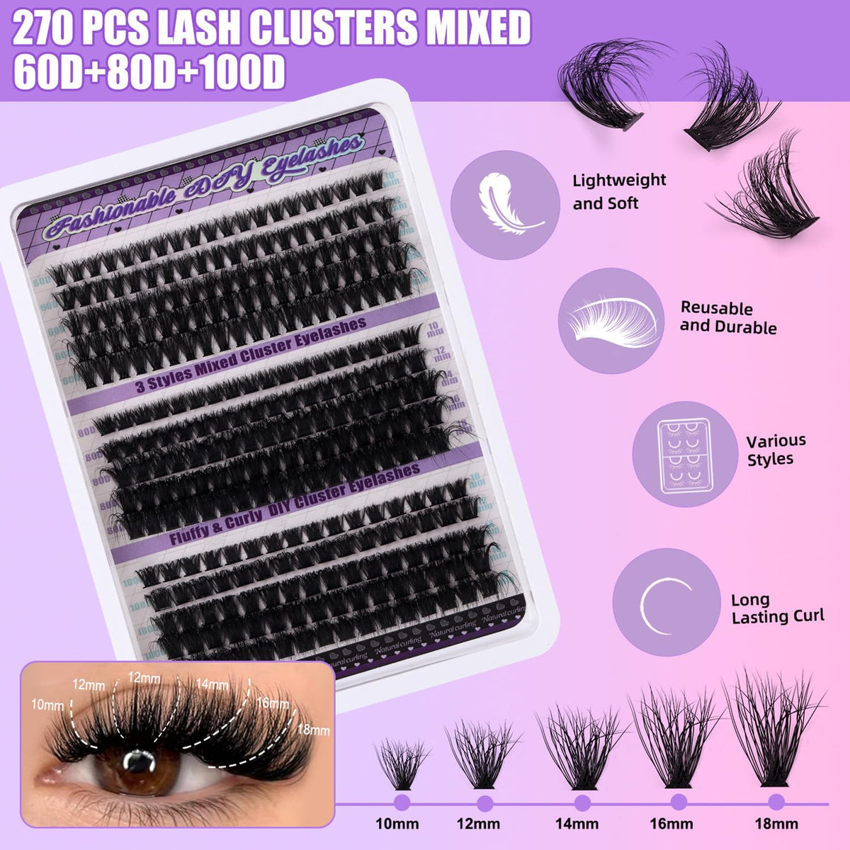 LYMYBETY Fluffy Individual Eyelashes Kit 270Pcs D Curl Cluster Lashes 10-18mm DIY Lash Extension kit Russian Individual Eyelashes with Lash Bond and Seal,Tweezers for Beginners(60+80+100 KIT, 10-18mm)