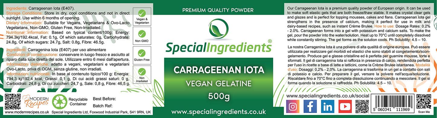 SPECIAL INGREDIENTS Special Ingredients Carrageenan Iota Premium Quality Food Grade Powder 500g, Suitable for Vegan's & Vegetarian's, Non GMO, Recyclable Plastic Container