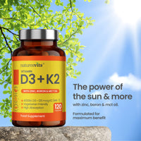 NaturesVits Vitamin D3 and K2 Bone Supplement - with Zinc, MCT Oil and Boron for Calcium Absorption for Joint Care - High Strength Natural Supplements for Women and Men