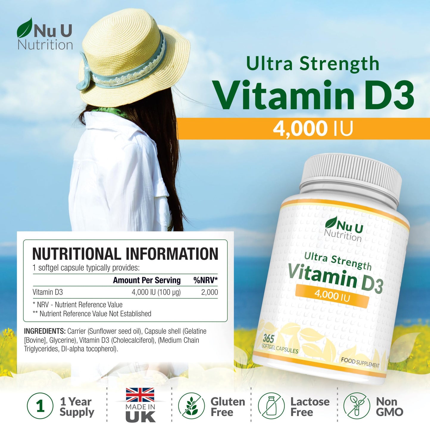Vitamin D3 4000 IU, 365 Softgel Capsules NOT Tablets, Full Year Supply, Easy to Swallow Quadruple Strength Vitamin D3 Supplement