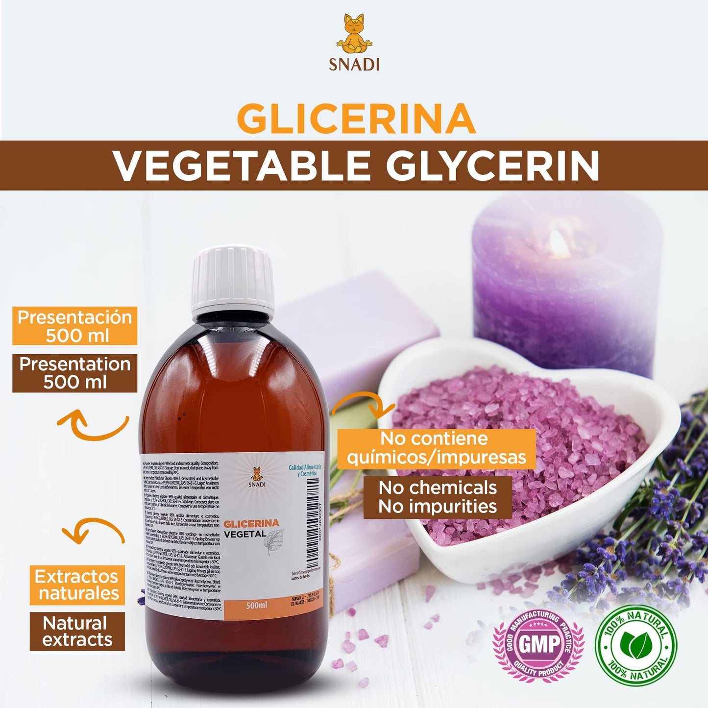 Snadi 500 ml - Oral and Cosmetic Glycerine (USP), Purity +98% (Vegetal Glycerine). Edible Glycerine, Cosmetic, Skin, Hair. Natural Glycerine.