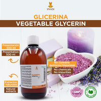 Snadi 500 ml - Oral and Cosmetic Glycerine (USP), Purity +98% (Vegetal Glycerine). Edible Glycerine, Cosmetic, Skin, Hair. Natural Glycerine.