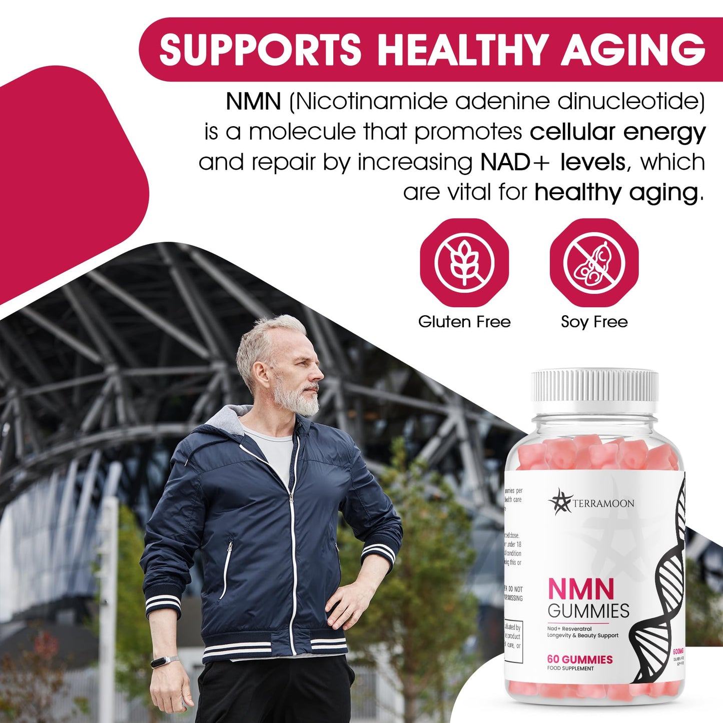 TERRAMOON NMN Gummies, NAD+ Resveratrol, 600mg, 2 Month Supply for Longevity and Beauty Support Supplement, 60 Count,