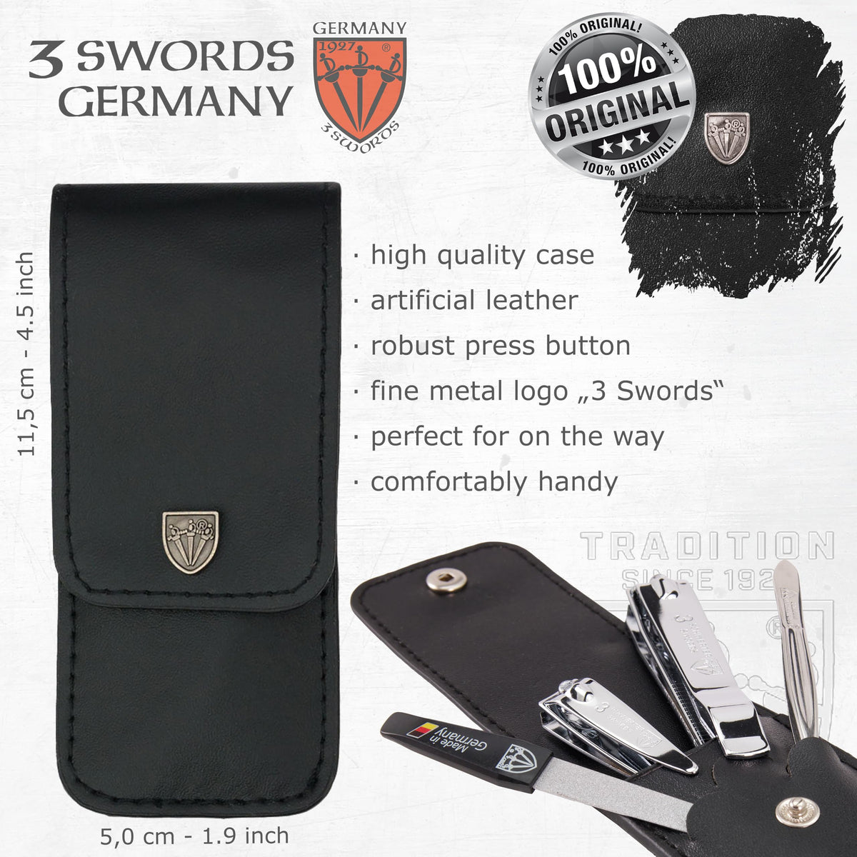 3 Swords Germany - Manicure Set with Toe Nail Clipper, Finger Nail Clipper, Nail File and Tweezers in a Black case - Brand Quality Since 1927