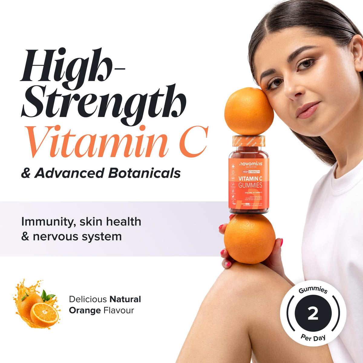 novomins Vitamin C Gummies - 1 Month Supply - 250mg High Strength with Zinc, Bioflavonoids, Rose Hip & Elderberry for Immune System Support - Alternative to Vitamin C Tablets - 60 Gummies - Novomins
