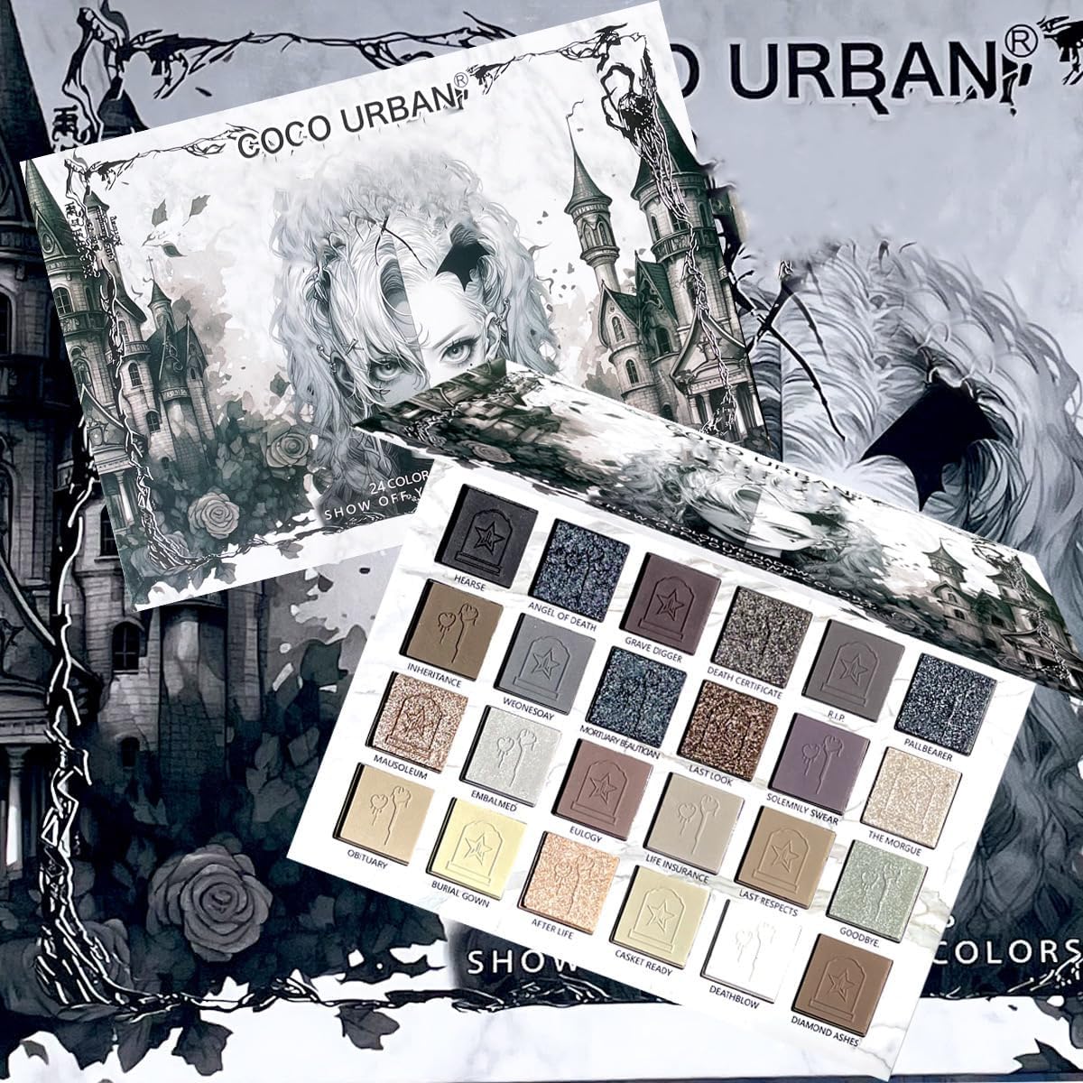 Katiluxiya 24Colors Black Grey Smokey Eyeshadow Palette, Matte Smoky Eye Shadow Palette, Shimmer High Pigmented Basic Black White Gray Shade Eye Black Makeup for Halloween