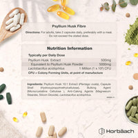 Horbäach Psyllium Husk Capsules 5000mg with Acidophilus | Natural Soluble Fibre Supplement with Biotic | Plantago Ovata Seed Husk Extract | 120 Vegan Capsules | by Horbaach