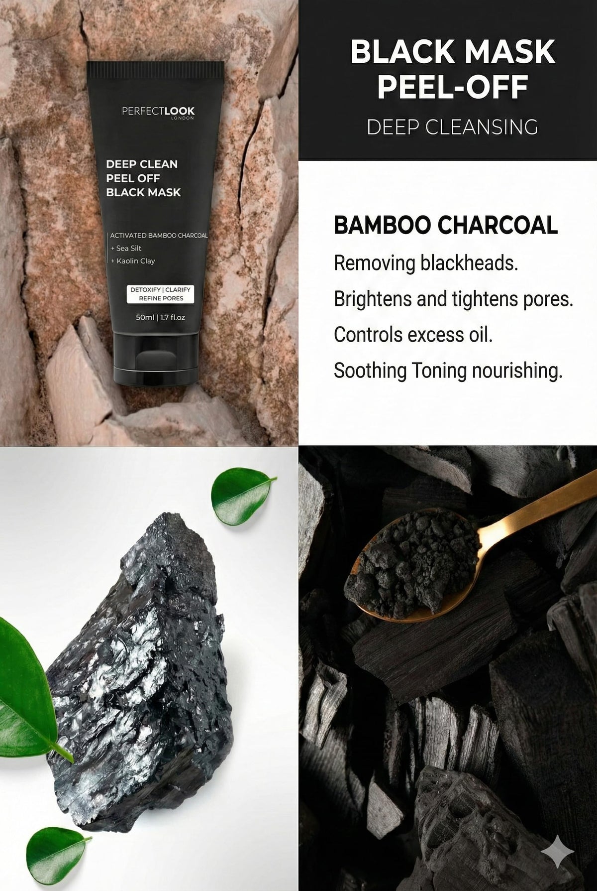 PERFECT LOOK LONDON Perfect Look London Peel-Off Face Mask for Blackhead Remover & Acne – Deep Pore Cleanser with Bamboo Charcoal & Kaolin – Unclogs Pores & Controls Oil