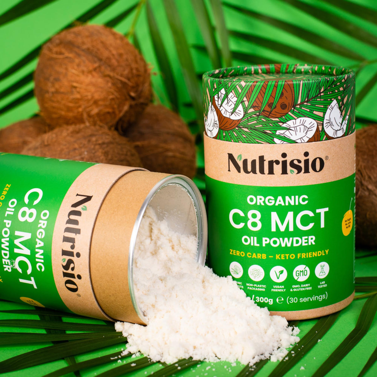NUTRISIO Nutrisio Organic MCT Oil Powder 300g – 30 Servings – 75% C8 MCT + 25% Acacia Fiber, Perfect for Keto Diet – Vegan Friendly, Lab Tested Fiber Supplement, Vegan Coffee Creamer, Recyclable Can