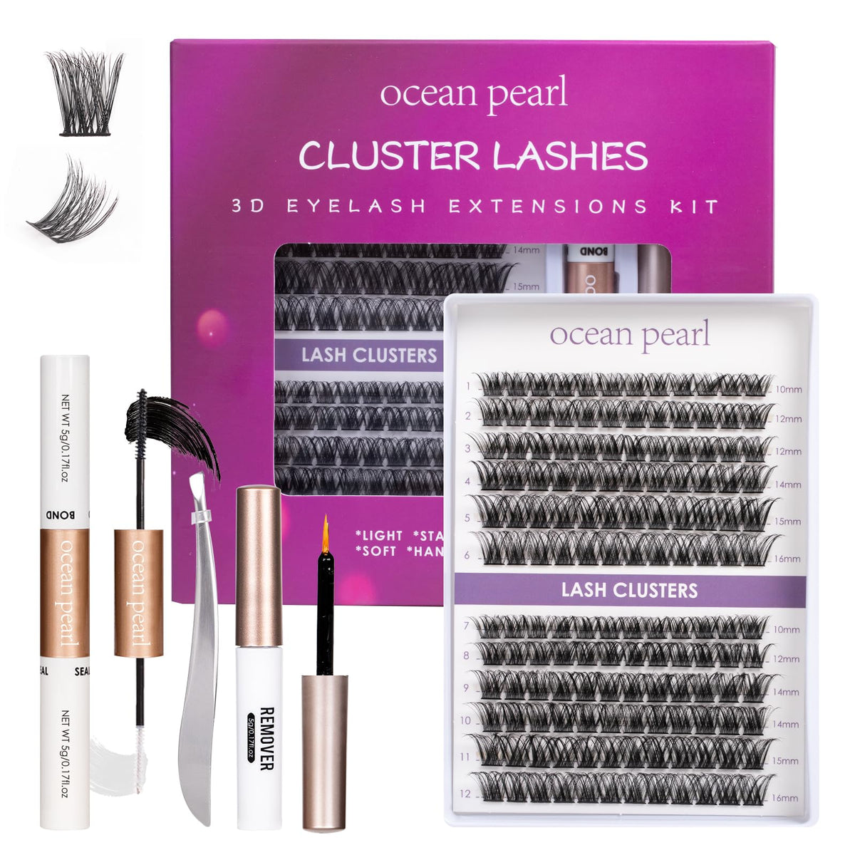 ocean pearl Ocean Pearl Cluster Lashes 144 PCS Lash Cluster Kit Fluffy Eyelash Extension Kit 10-16mm Cluster Lashes Kit Individual Eyelashes Cluster Eyelashes Lash Lift Kit with Bond and Seal Lash Remover-DM01