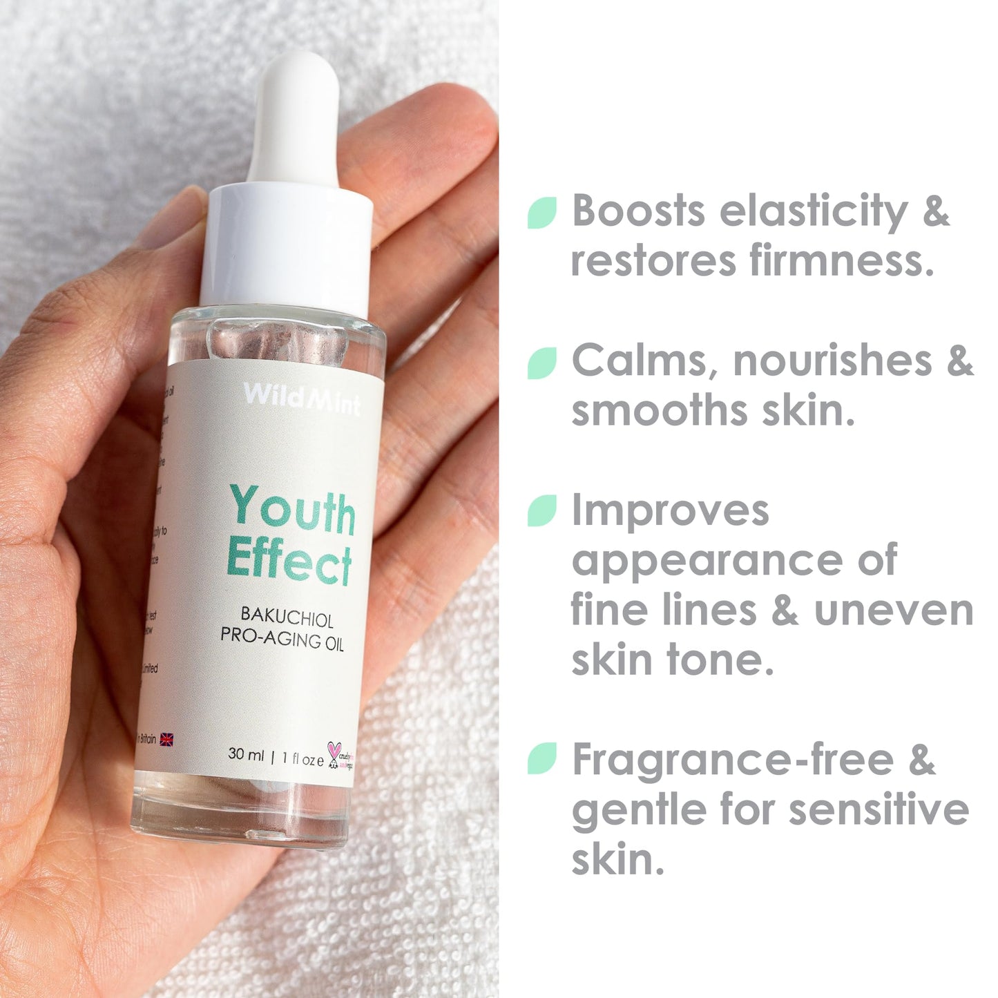 WildMint Youth Effect Natural Bakuchiol FaceOil | Anti-Aging Facial Oil for Sensitive, Dry, Mature Skin | Retinol Alternative For Elasticity & Firmness | UK Made Vegan & Cruelty-Free Skincare | 30ml