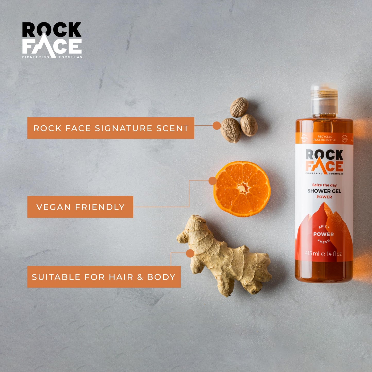 Rockface Rock Face Shower Gel - Power All In One Body Wash for Men, 410ml, Spicy Oriental Scent, Suitable for Hair and Body, Long Lasting Fragrance