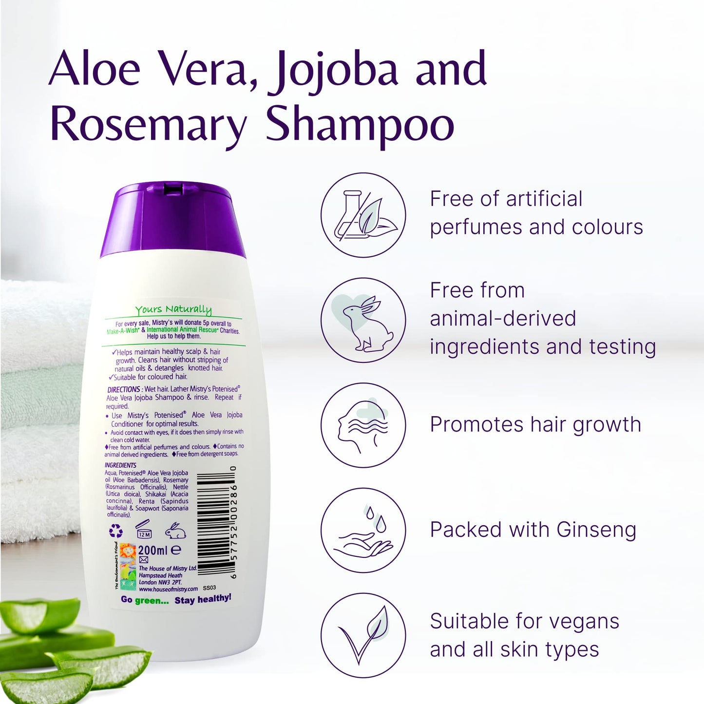 The House of Mistry Mistry's Aloe Jojoba Shampoo with Rosemary 200ml - Natural Hair Care Shampoo, Gentle, Strengthening & Nourishing - Suitable for All Ages and Hair Types, Additive Free, Vegan,