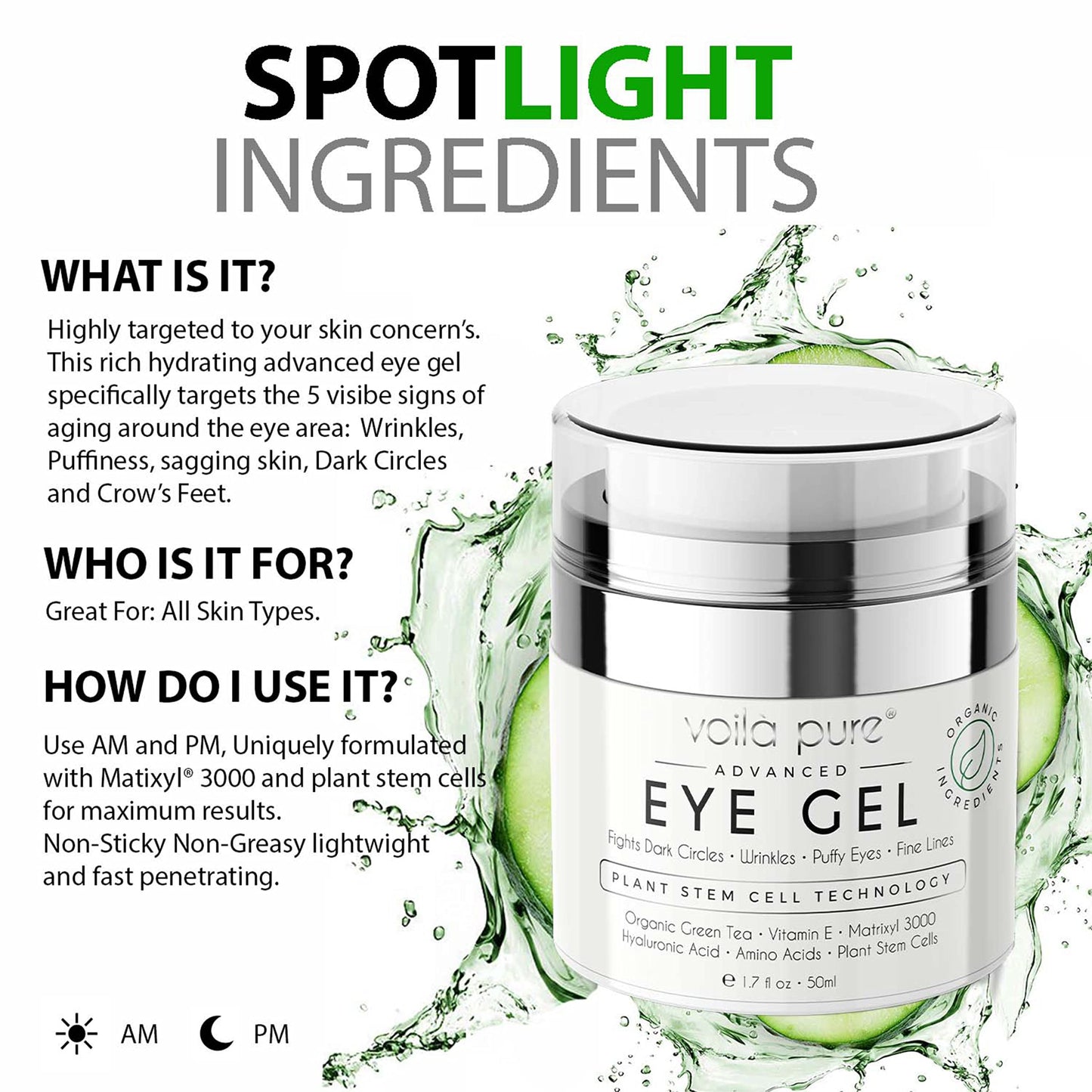 Voilà Pure -EYE CREAM - Cures Dark Circles, Puffiness & Crows Feet - Powerful But Gentle Organic Eye Gel - Anti-Ageing Formula With Matrixyl 3000 & Plant Stem Cells - 60ml Bottle