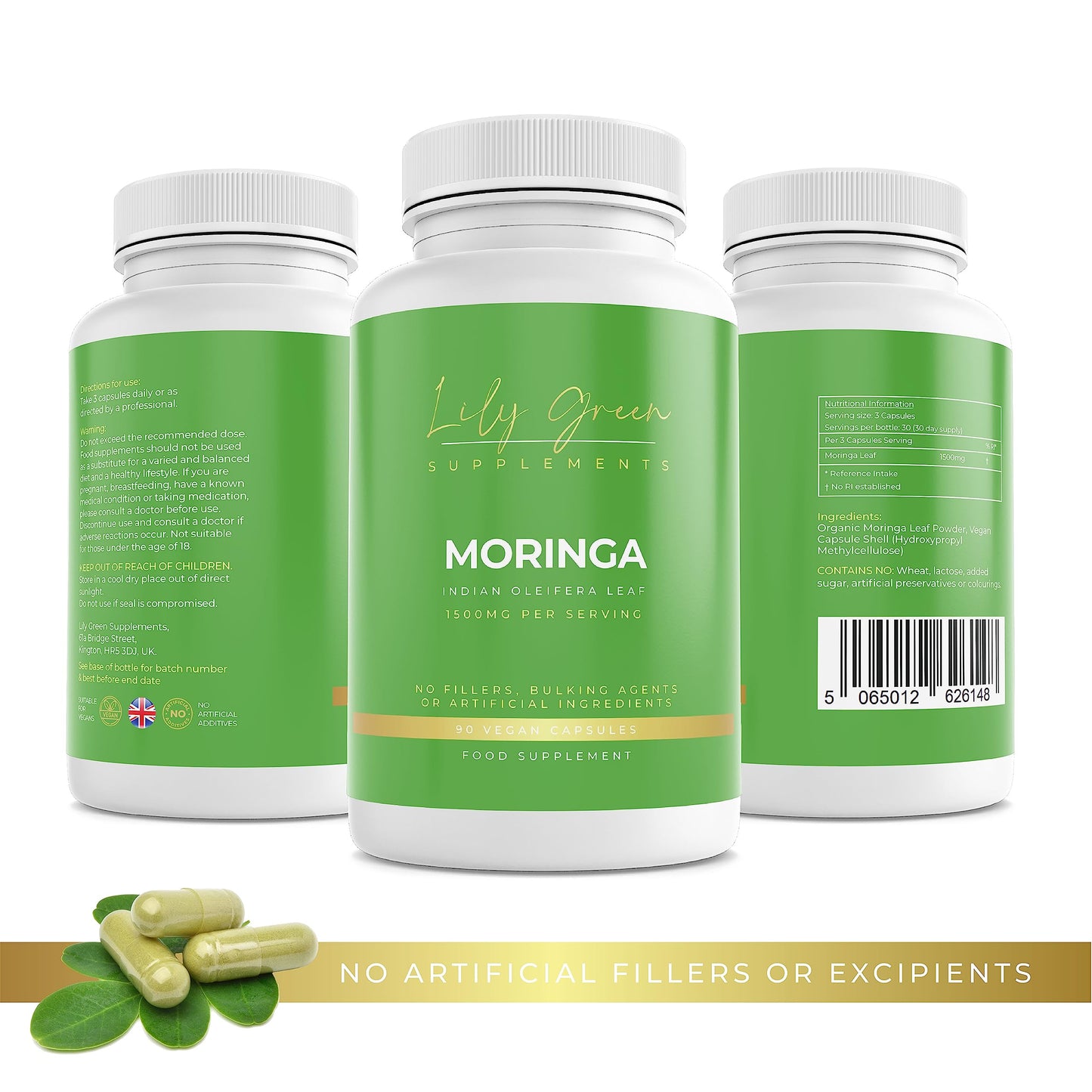 Lily Green | Organic Moringa 1500mg per Serving | 90 Vegan Capsules | Rich in Vitamin C, Calcium, Iron, Potassium & Antioxidants | No Artificial Additives | Made in UK