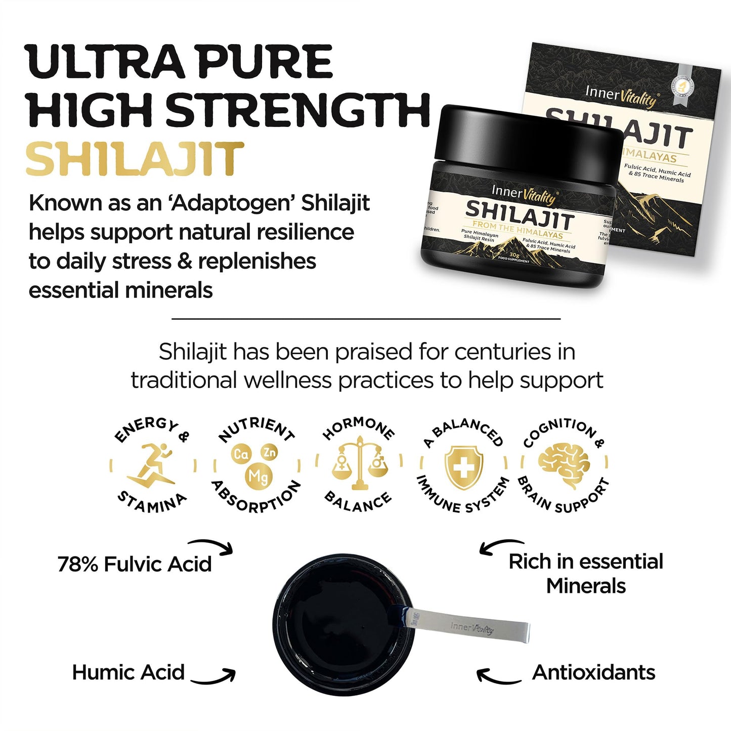 Inner Vitality Himalayan Shilajit Resin Gold Standard 78% Fulvic - 30g Natural Energy, Immunity & Mineral Supplement for Daily Wellness Support- Pure Authentic & Third-Party Tested