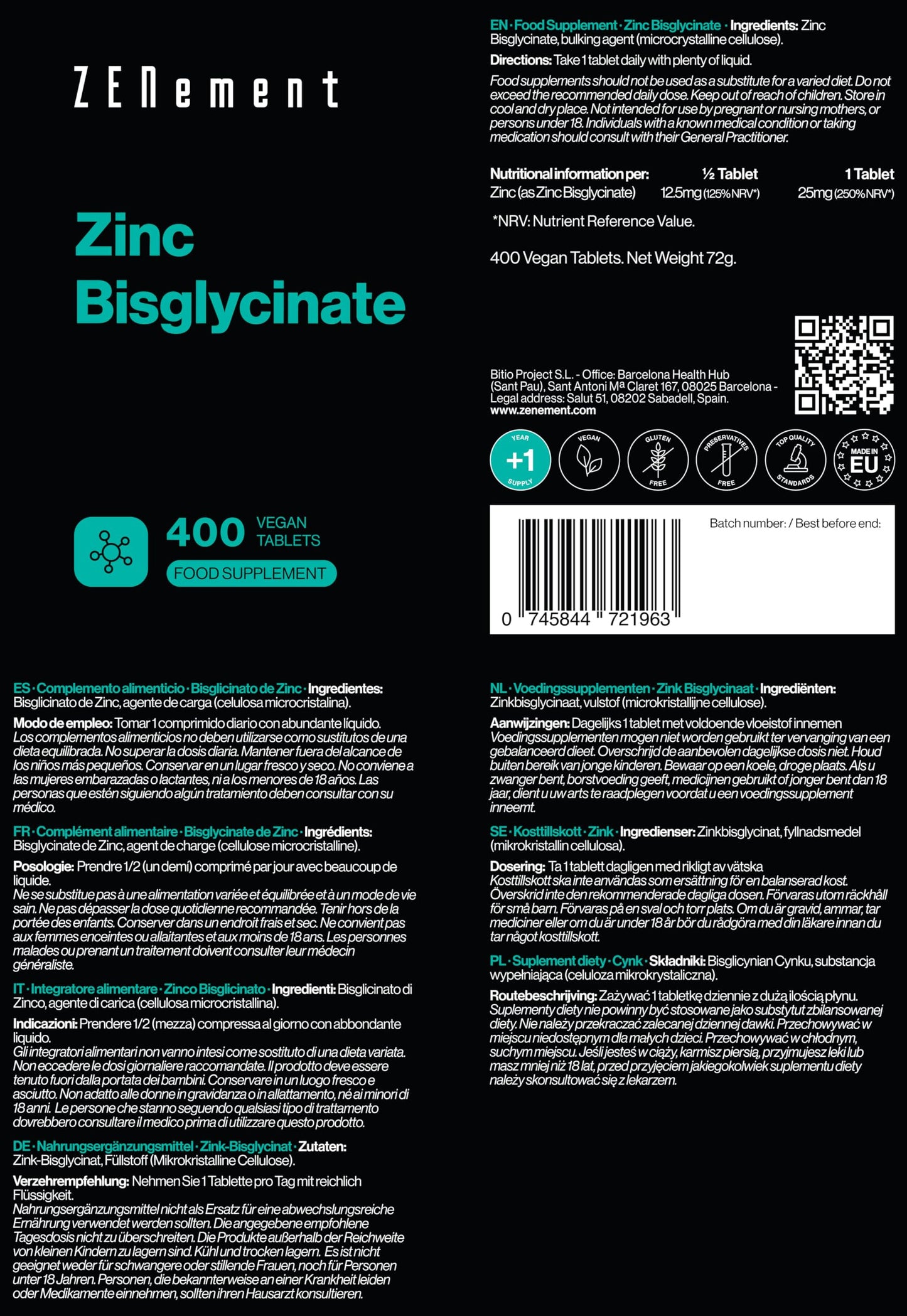 Zinc Bisglycinate, 400 Vegan Tablets | Antioxidant, Supports the Immune System, Skin, Hair and Eyesight | Vegan | Zenement