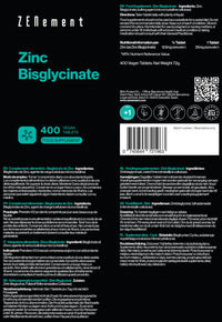 Zinc Bisglycinate, 400 Vegan Tablets | Antioxidant, Supports the Immune System, Skin, Hair and Eyesight | Vegan | Zenement