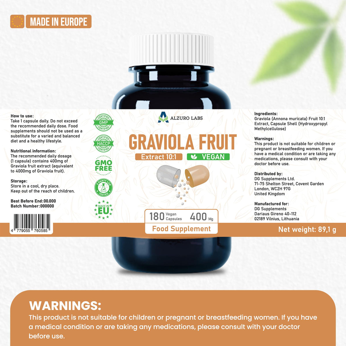 ALZURO LABS Alzuro Labs Soursop (Graviola) | 4,000mg Equivalent | 400mg 10:1 Fruit Extract | 180 Vegan Capsules | Annona muricata | GMP & 3rd Party Lab Tested
