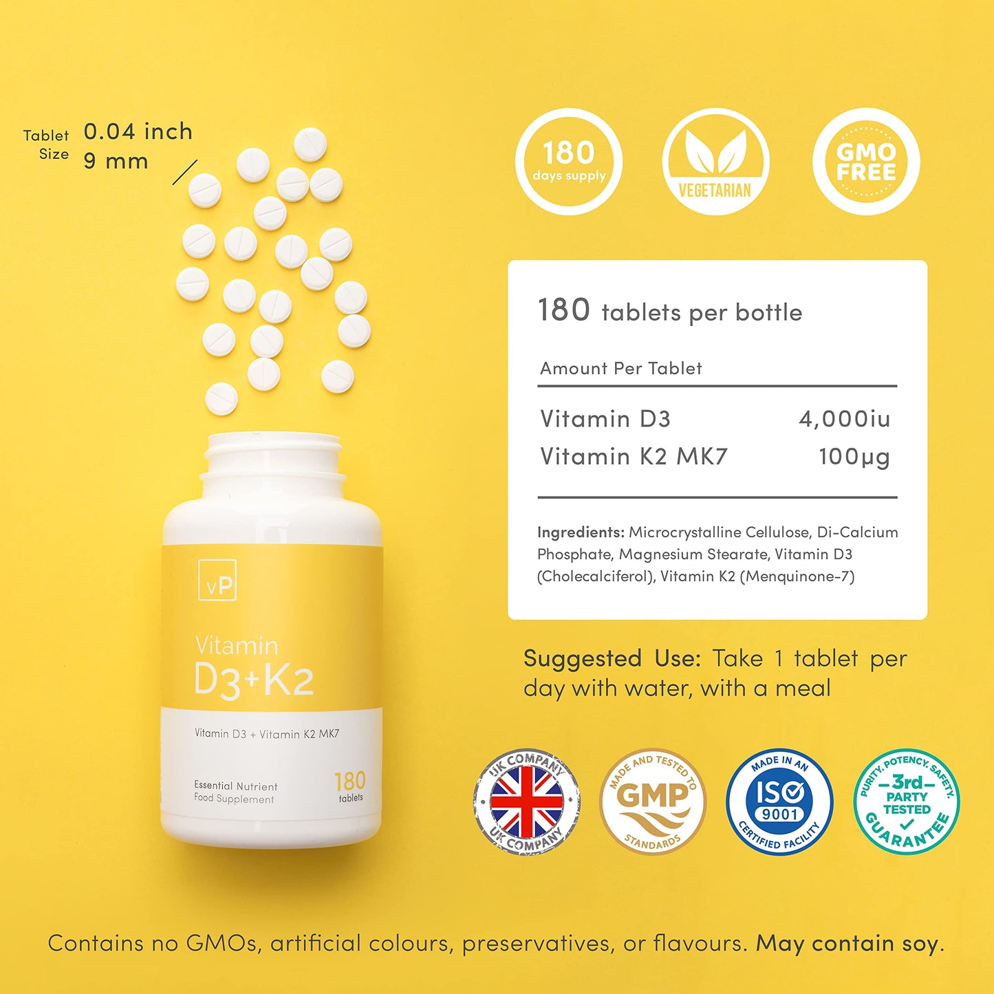 Vitamin D3 4000 iu with Vitamin K2 100ug x 180 Tablets - Third Party Tested - Vitamin D Supplement with K2 MK7 - Vitality Pro