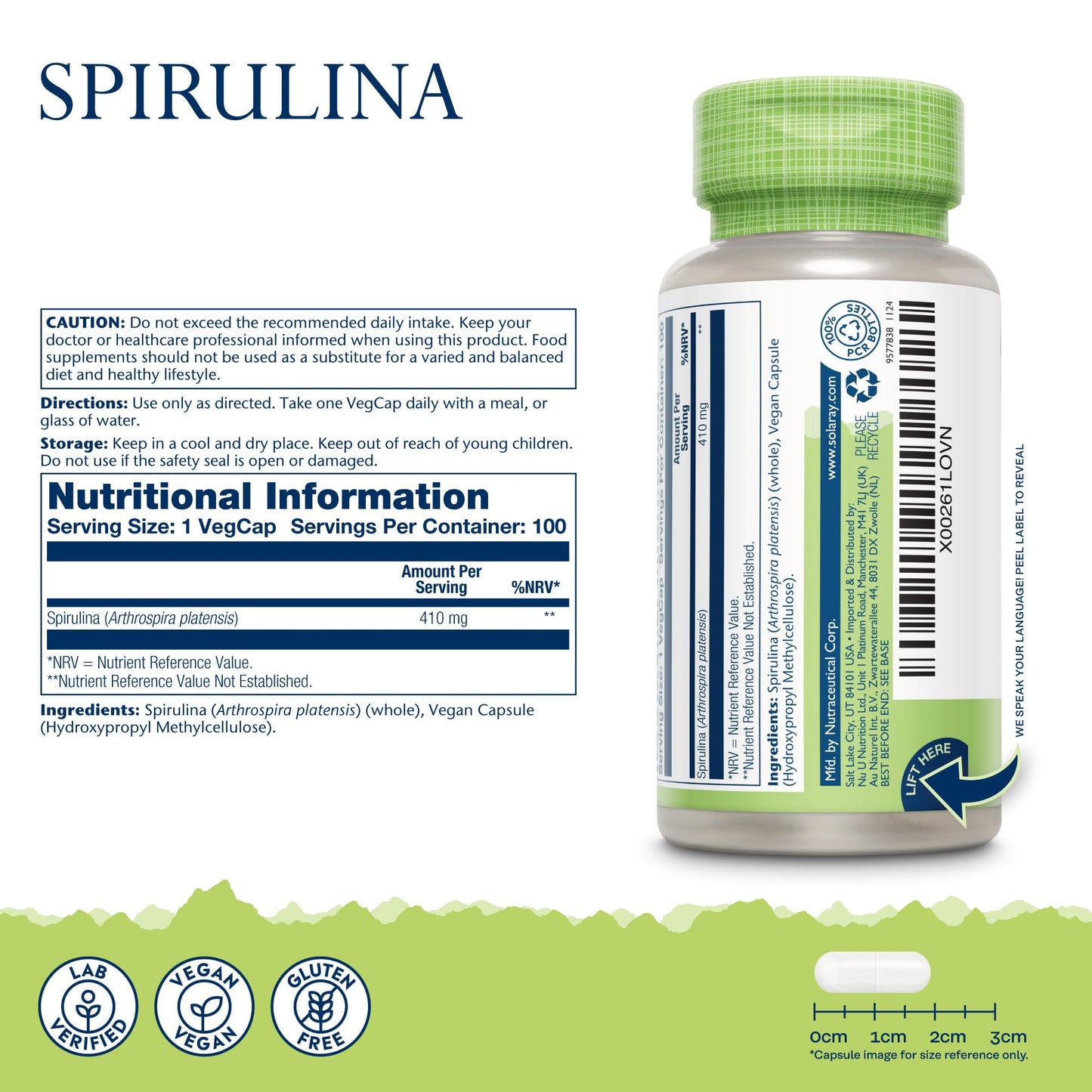 SOLARAY Spirulina Algae - 100 Vegan Capsules not Tablets or Powder - High Strength Spirulina Supplement with Added Vitamin A 70mcg - Lab Verified - Solaray
