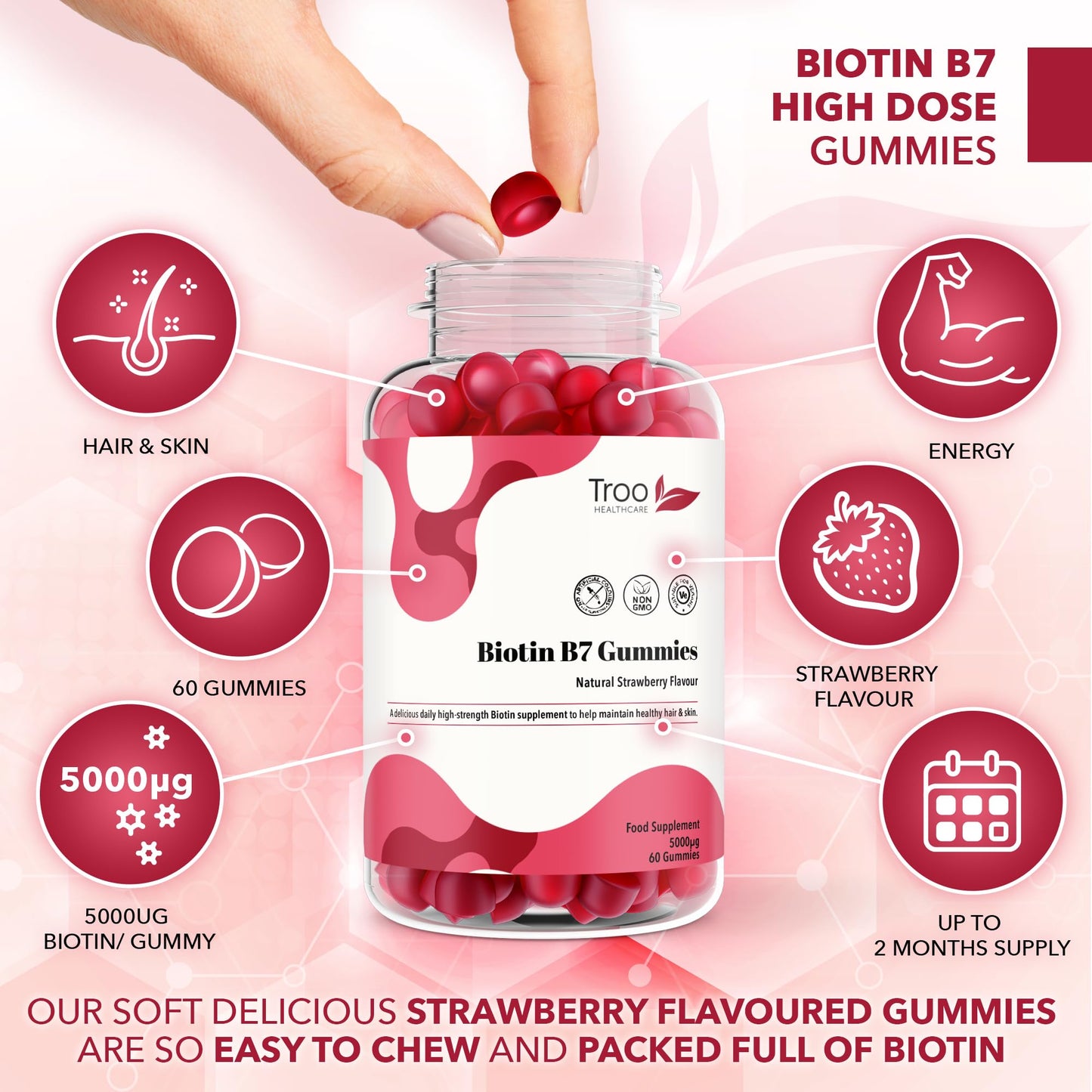 Troo Health Care Biotin 5000mcg Hair, Skin and Nail Growth Support Gummy Supplement - 60 Natural Strawberry Flavour Chewable Gummies - 5 Months Supply – Vegan Friendly – for Men and Women