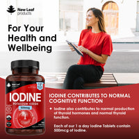 NEW LEAF PRODUCTS Iodine Tablets 500mcg 365 (1 Year Supply) Vegan High Strength Tablets Iodine Supplements, Natural Source of Iodine from Potassium Iodide GMO Free, GMP, Made in UK by New Leaf