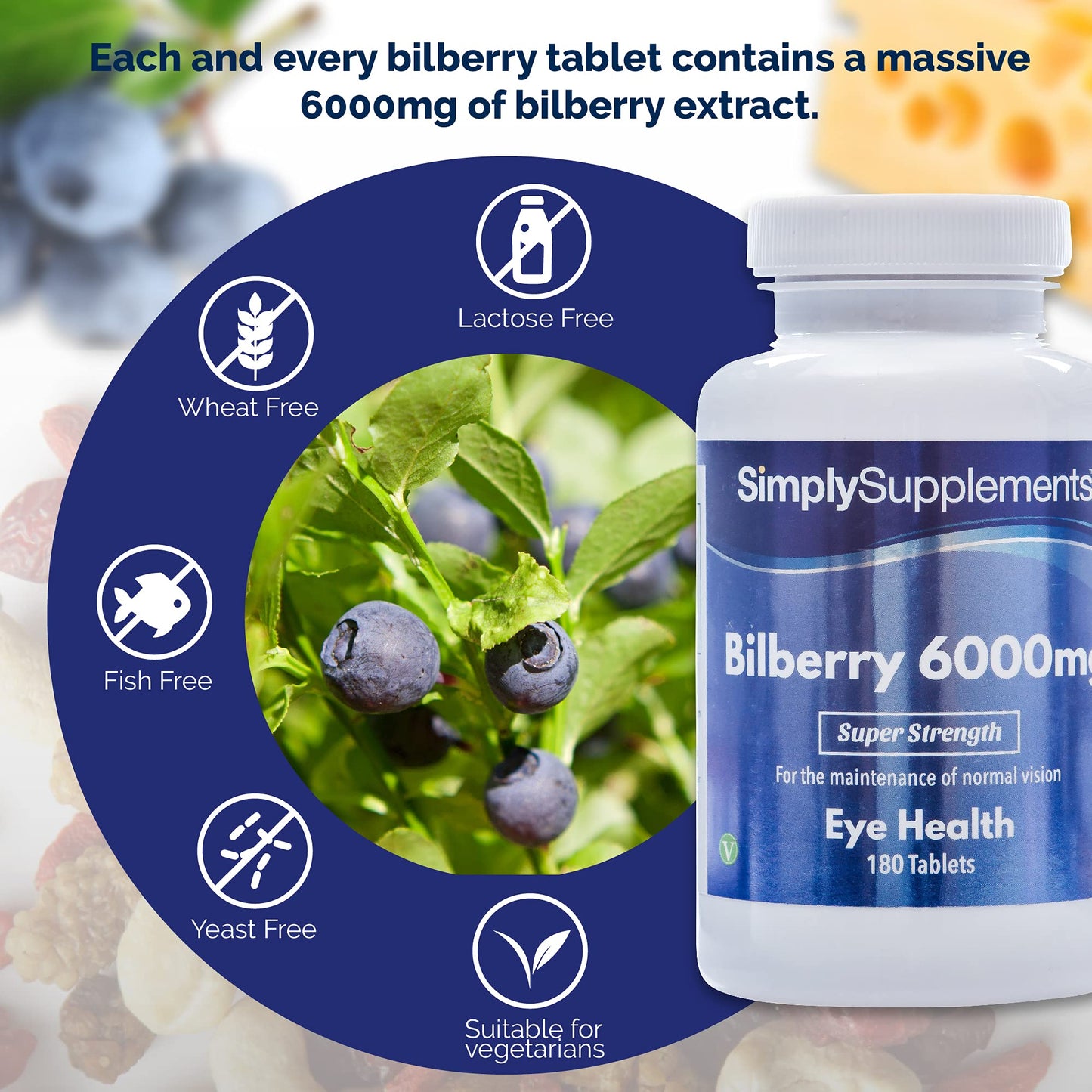 Bilberry Extract Tablets | Potent 6000mg Formulation | 180 Tablets = Up to 3 Month Supply | Vegan & Vegetarian Friendly | Added Vitamin B2 to Support Healthy Sight & Vision | Manufactured in The UK
