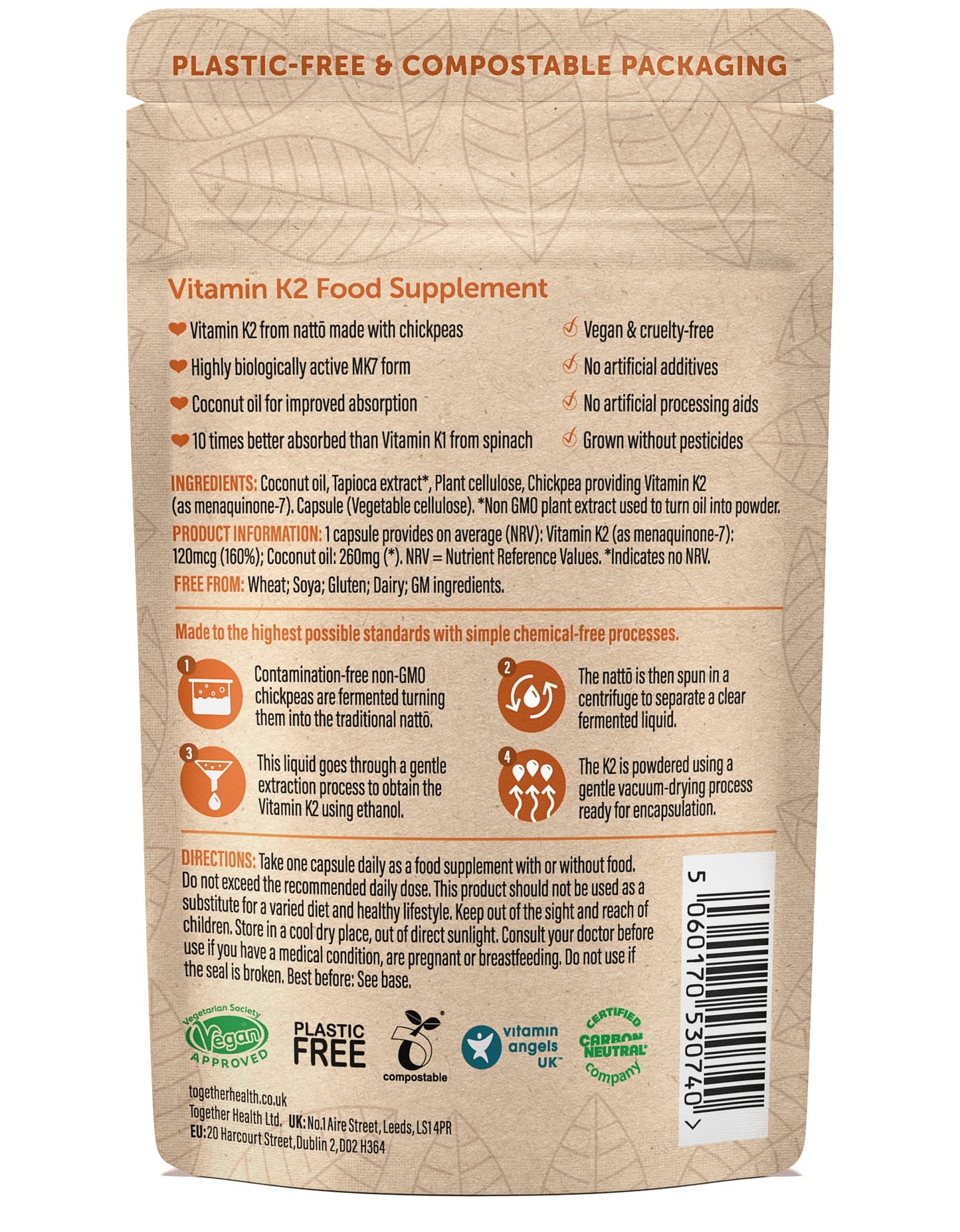 Vitamin K2 – Together Health – Vitamin K2 from Fermented Chickpeas – Highly Biologically Active MK7 Form – Vegan Friendly – Made in The UK – 30 Vegecaps