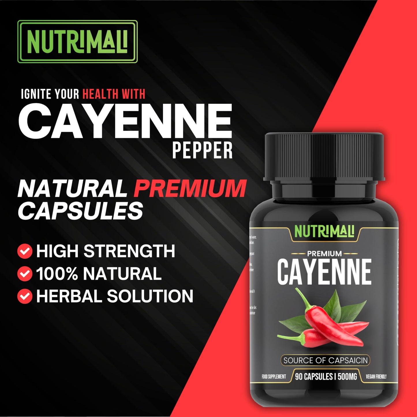 Cayenne Pepper Capsules - 90 Organic Capsules | High Strength Up to 1500mg | Natural Herbal Supplement | Zero Fillers 100% Natural & Vegan Friendly | by NutriMali
