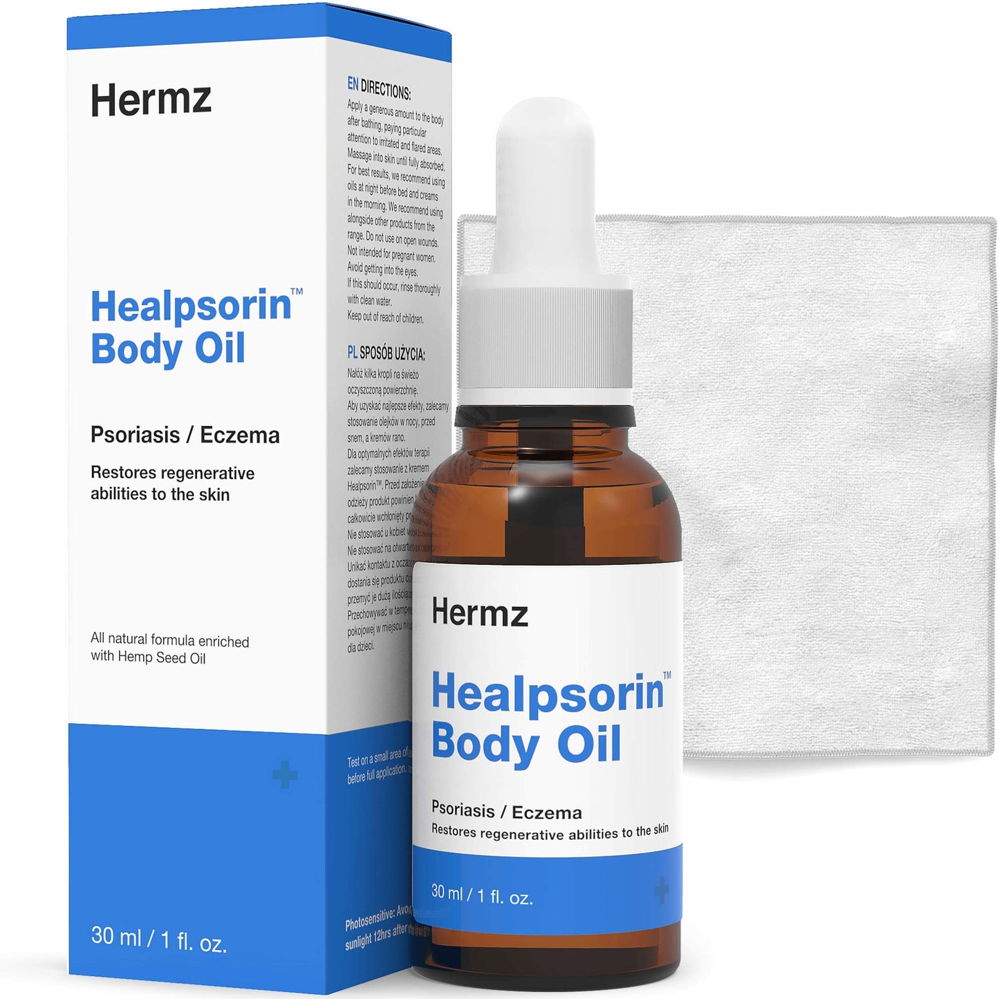 Hermz Laboratories Healpsorin Hemp Body Oil + Microfibre Cloth - Scalp Psoriasis Treatment - Itchy, Cracked and Irritated Skin - Eczema, Rosacea - 30ml