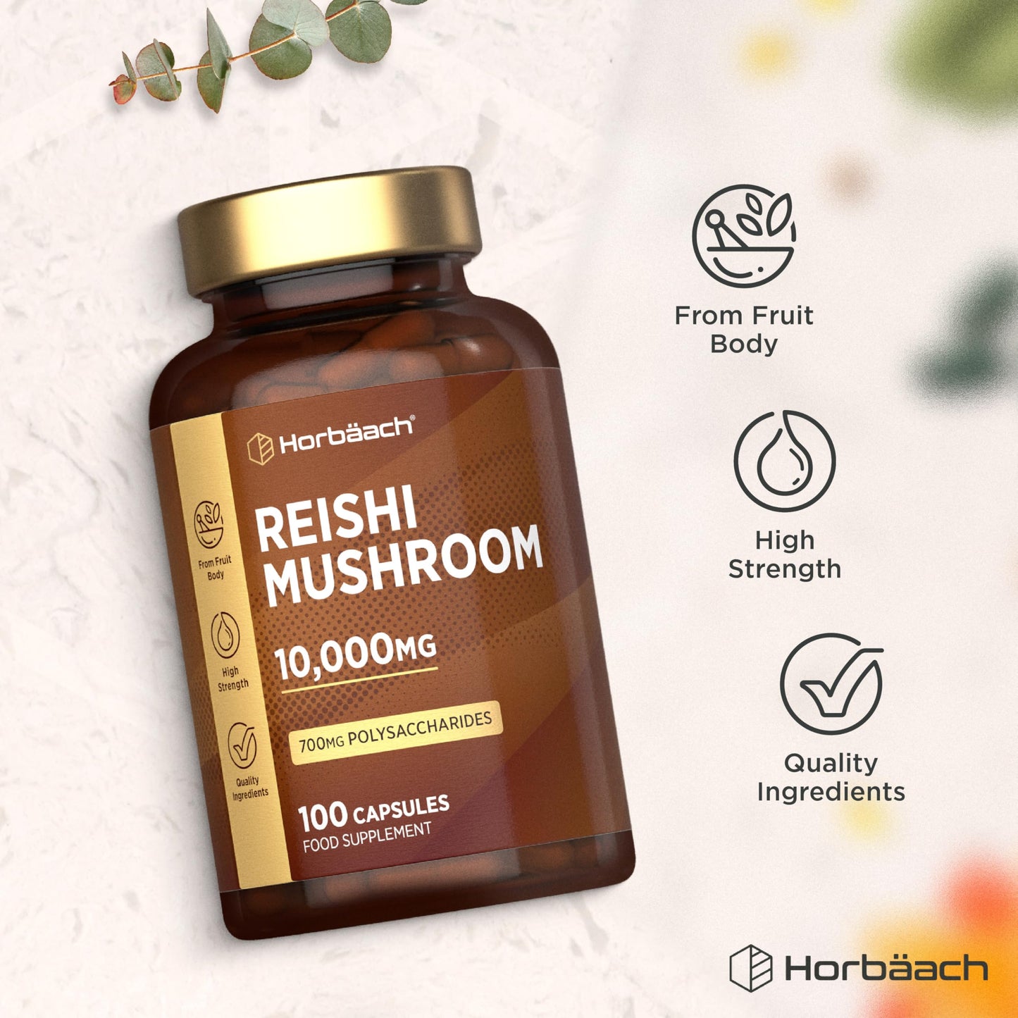 Horbäach Reishi Mushroom Capsules 10,000mg | Red Reishi Extract (5:1) | High Strength Supplement | 100 Powder Capsules | by Horbaach