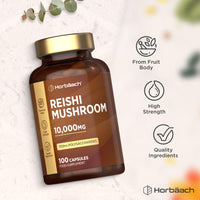 Horbäach Reishi Mushroom Capsules 10,000mg | Red Reishi Extract (5:1) | High Strength Supplement | 100 Powder Capsules | by Horbaach