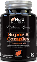 Nu U Nutrition Vitamin B Complex - 8 High Strength B Vitamins & Vitamin C - Vitamins B1, B2, B3, B5, B6, B8, B9 & B12, 90 Timed Release Tablets, 3 Month Supply, Vegan & Vegetarian VIT B Complex