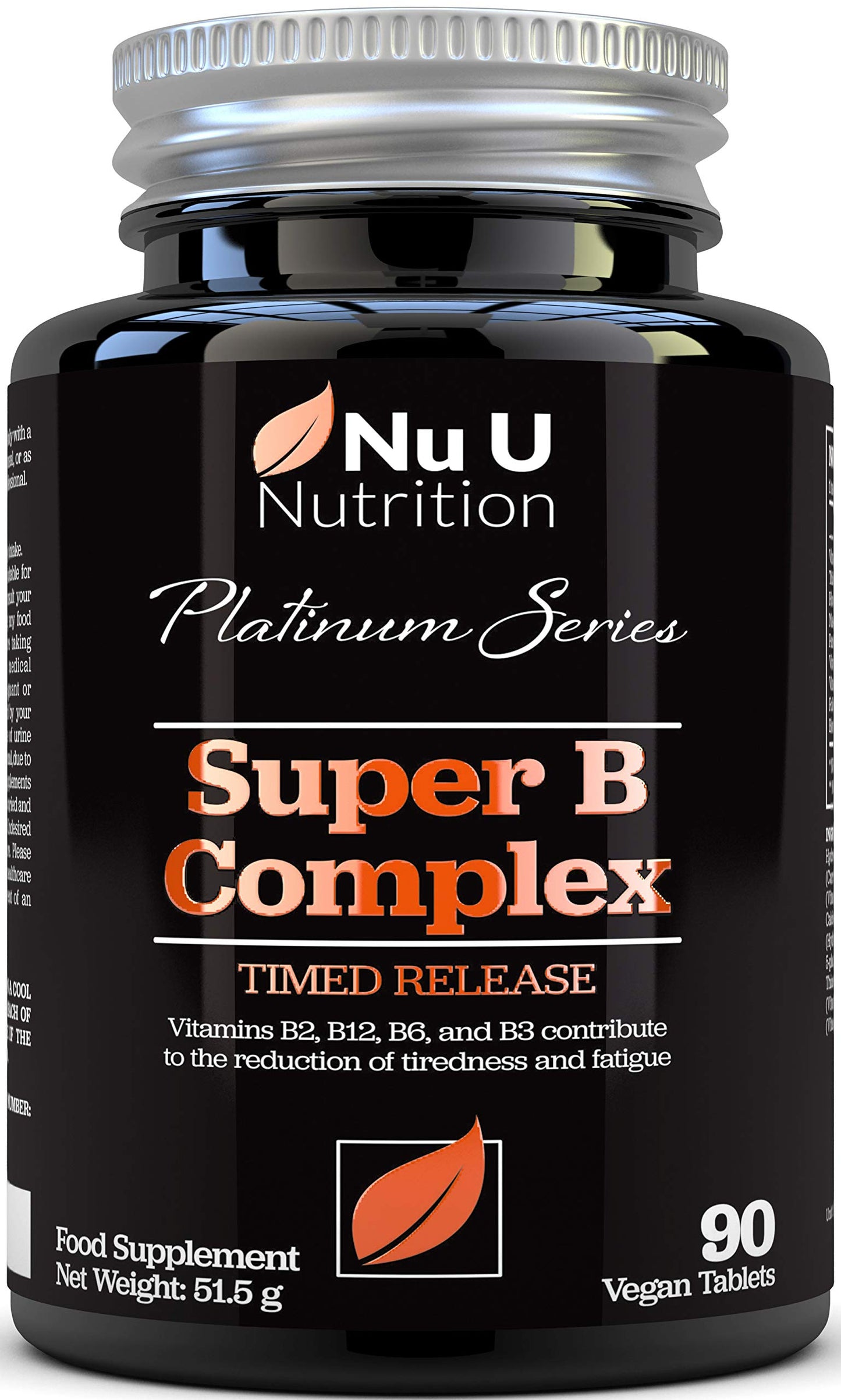Nu U Nutrition Vitamin B Complex - 8 High Strength B Vitamins & Vitamin C - Vitamins B1, B2, B3, B5, B6, B8, B9 & B12, 90 Timed Release Tablets, 3 Month Supply, Vegan & Vegetarian VIT B Complex