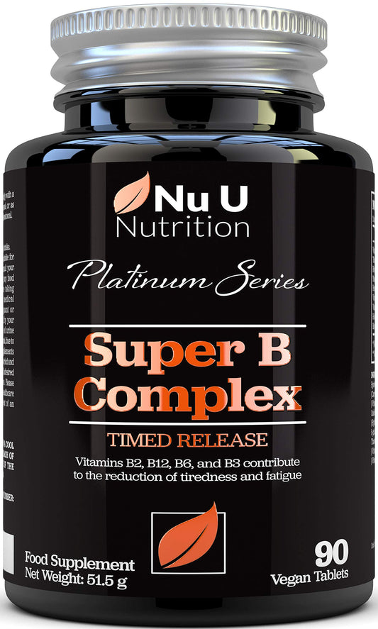 Nu U Nutrition Vitamin B Complex - 8 High Strength B Vitamins & Vitamin C - Vitamins B1, B2, B3, B5, B6, B8, B9 & B12, 90 Timed Release Tablets, 3 Month Supply, Vegan & Vegetarian VIT B Complex