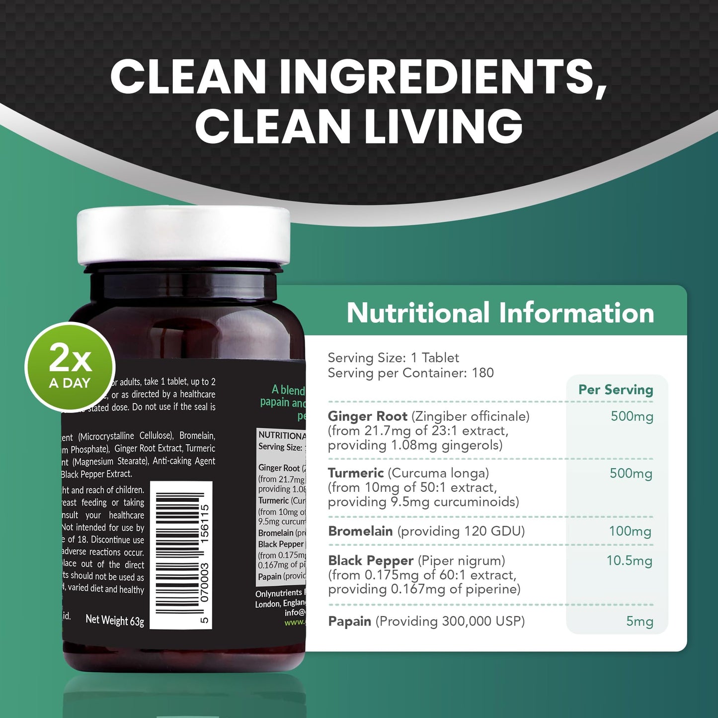 Only Nutrients - Turmeric Papain Bromelain Ginger Supplement, High-Strength Liver, Digestive & Joint Health Support, Nourishing Herbal Blend, 180 Turmeric Tablets