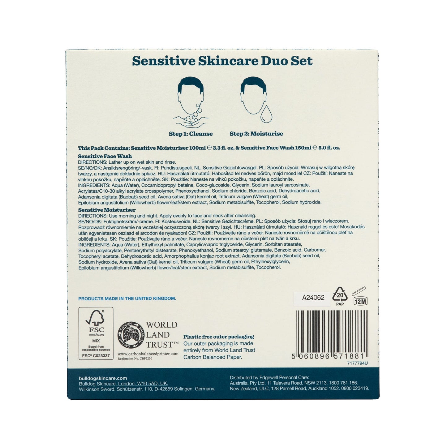 Bulldog Skincare - Sensitive Skincare Duo, Gift Set for Men (x1 Sensitive Moisturiser 100 ml, x1 Sensitive Face Wash 150 ml)